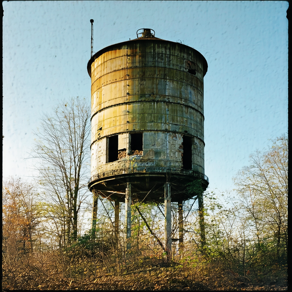 Large, rusty water tower situated in a wooded area
