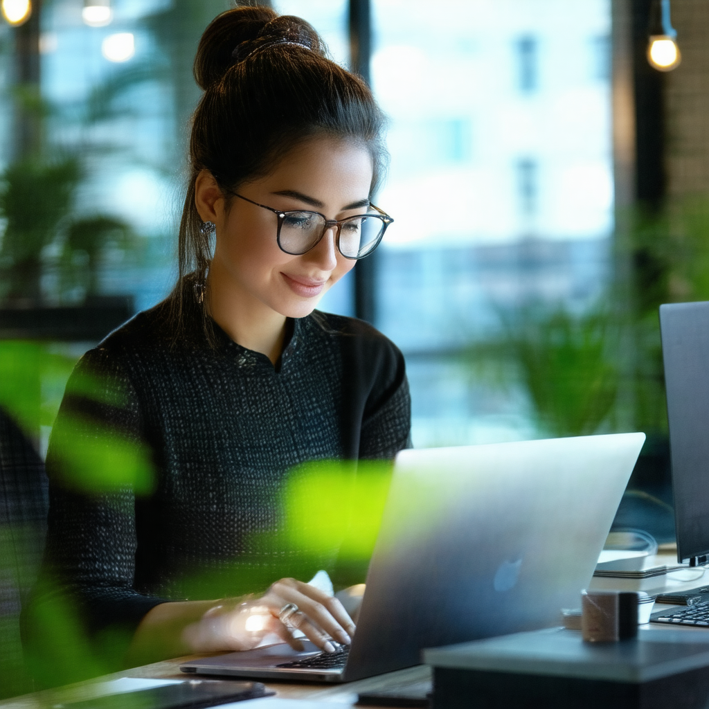 Woman sitting at a desk, working on her laptop