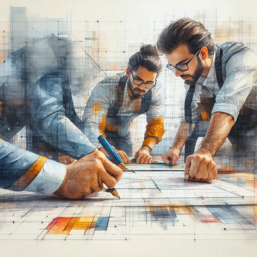 Three men wearing ties, sitting around a table and workin...