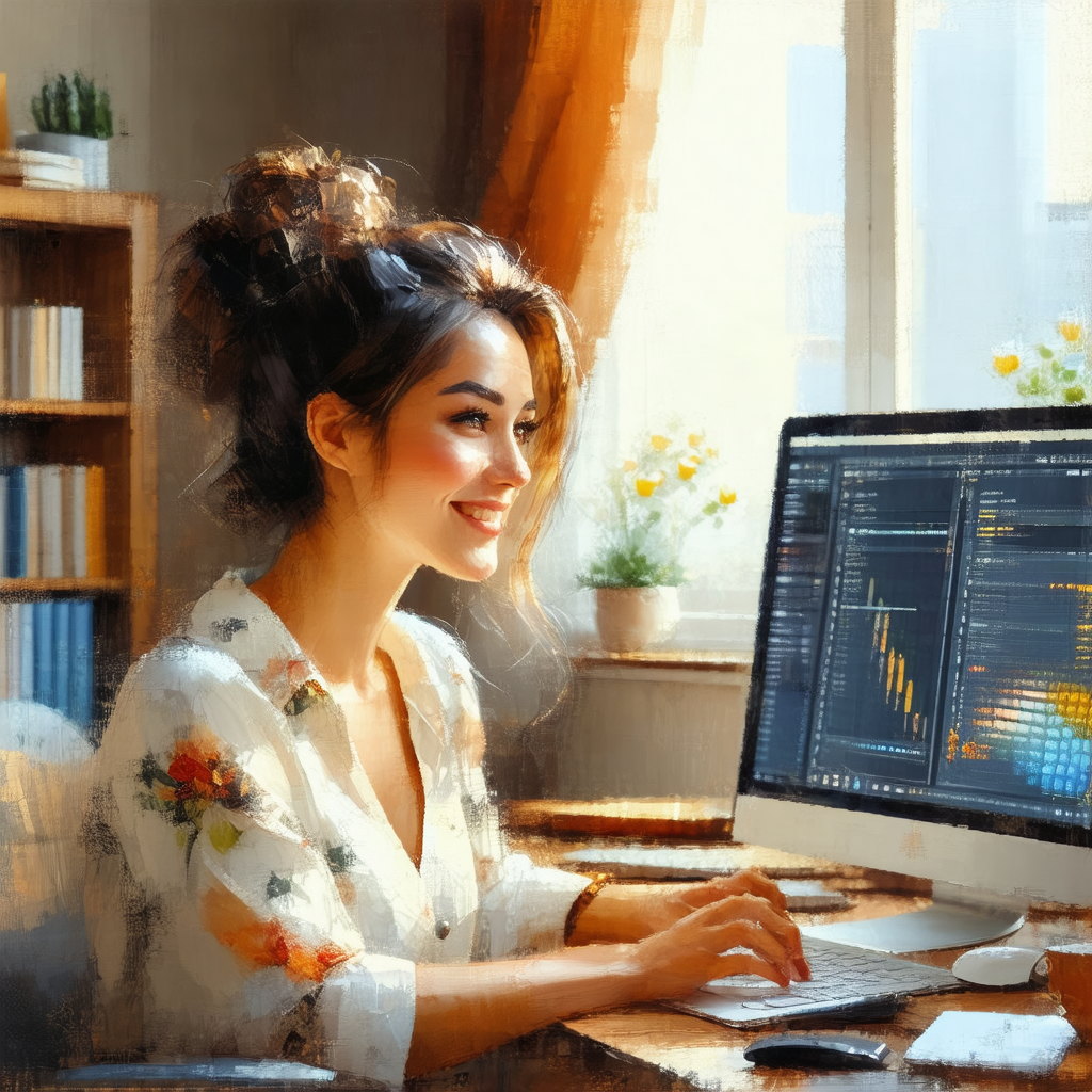 Woman sitting at a desk, working on a laptop computer