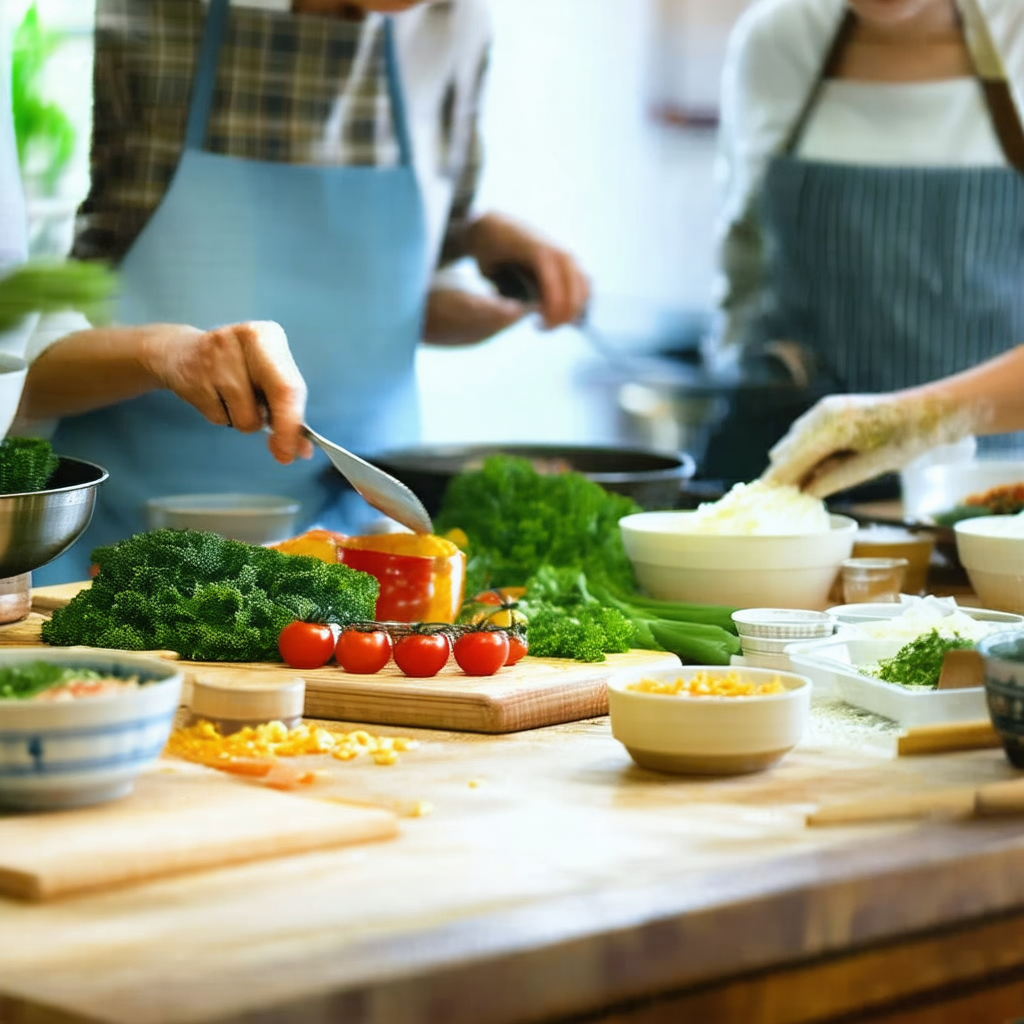 Group of people gathered in a kitchen, preparing a meal t...