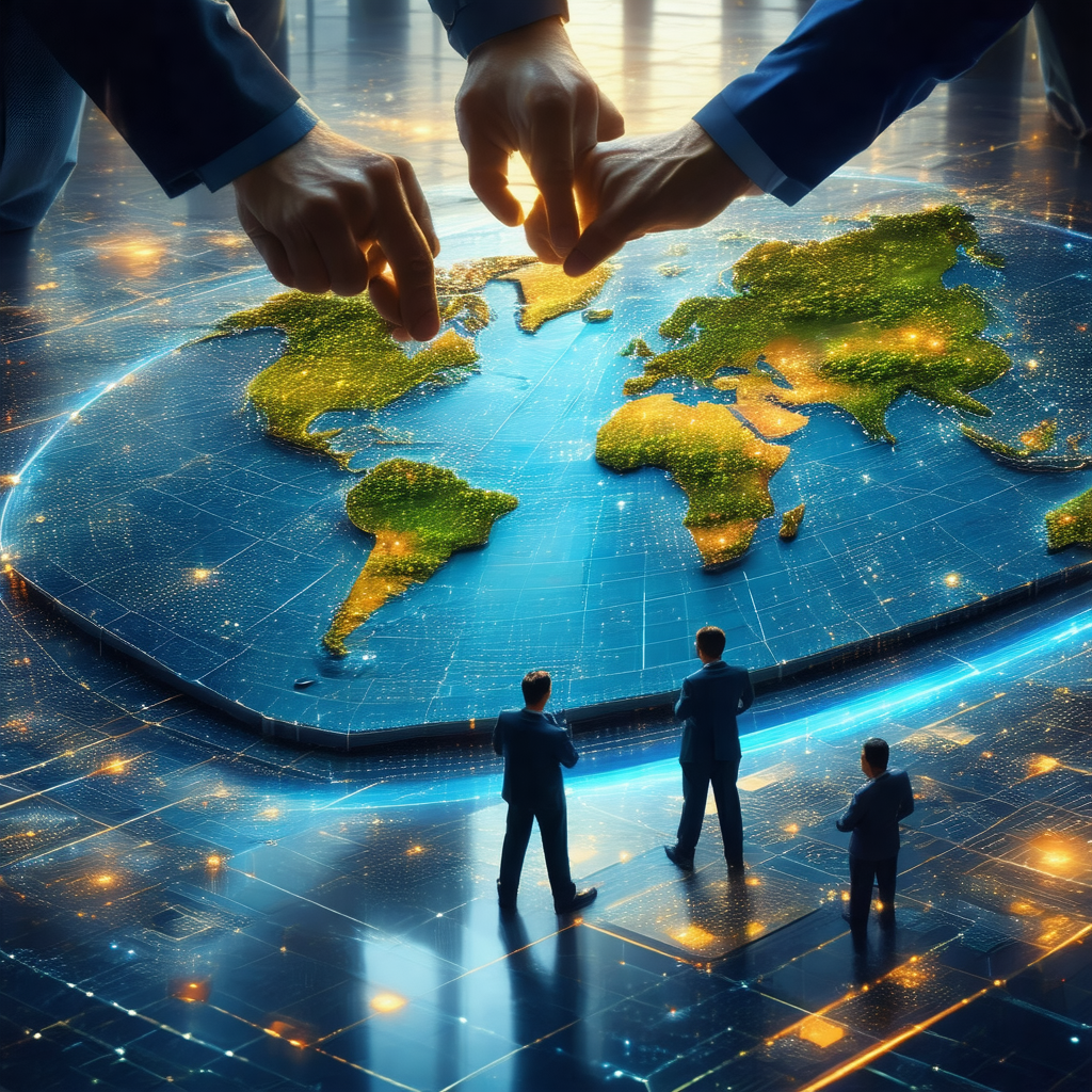 Large, three-dimensional globe on a table, with three men...
