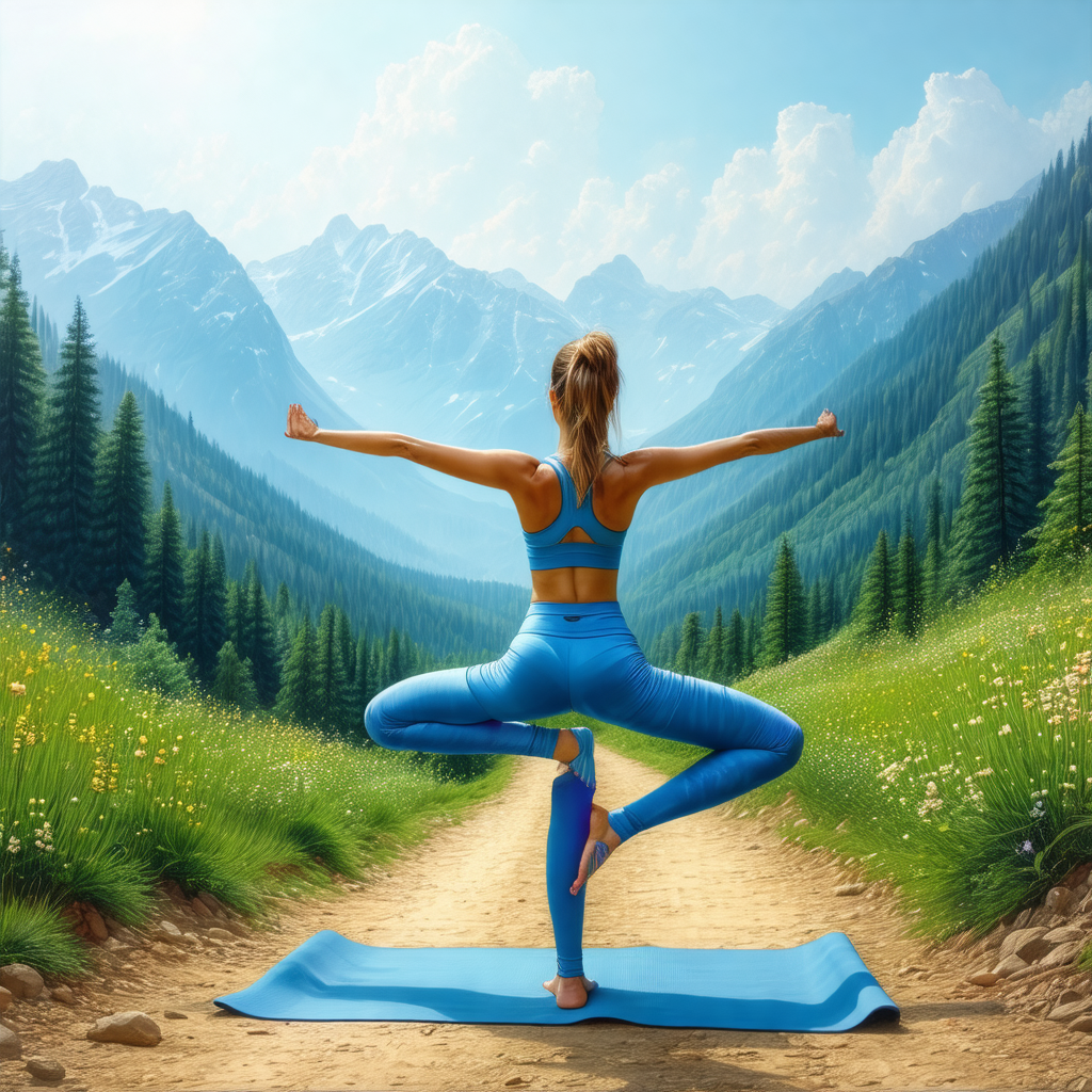 Painting of a woman in a blue dress, standing on a yoga m...