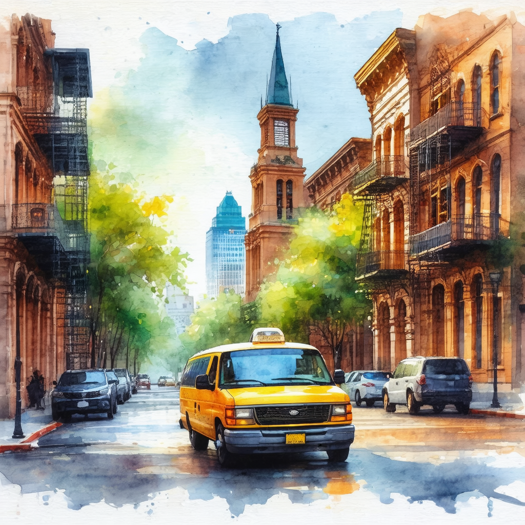 Busy city street with a yellow taxi cab driving down the ...