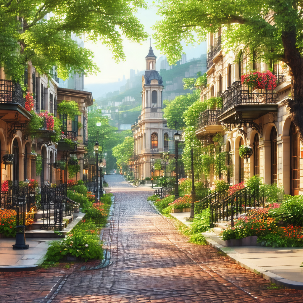 Beautifully drawn illustration of a city street with a br...