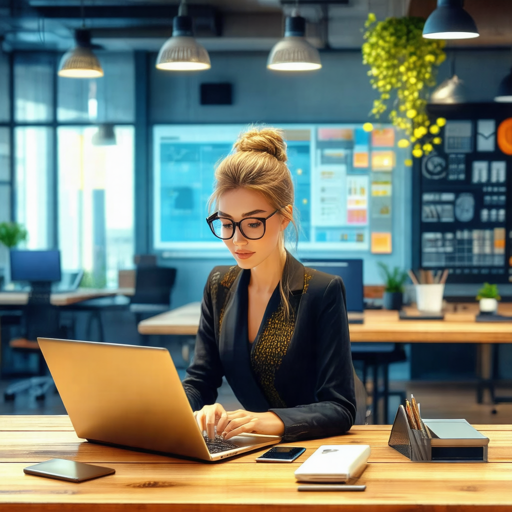 Woman sitting at a desk in an office setting