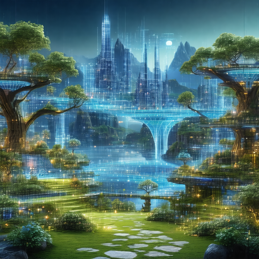 Digital painting of a futuristic city with a large bridge...