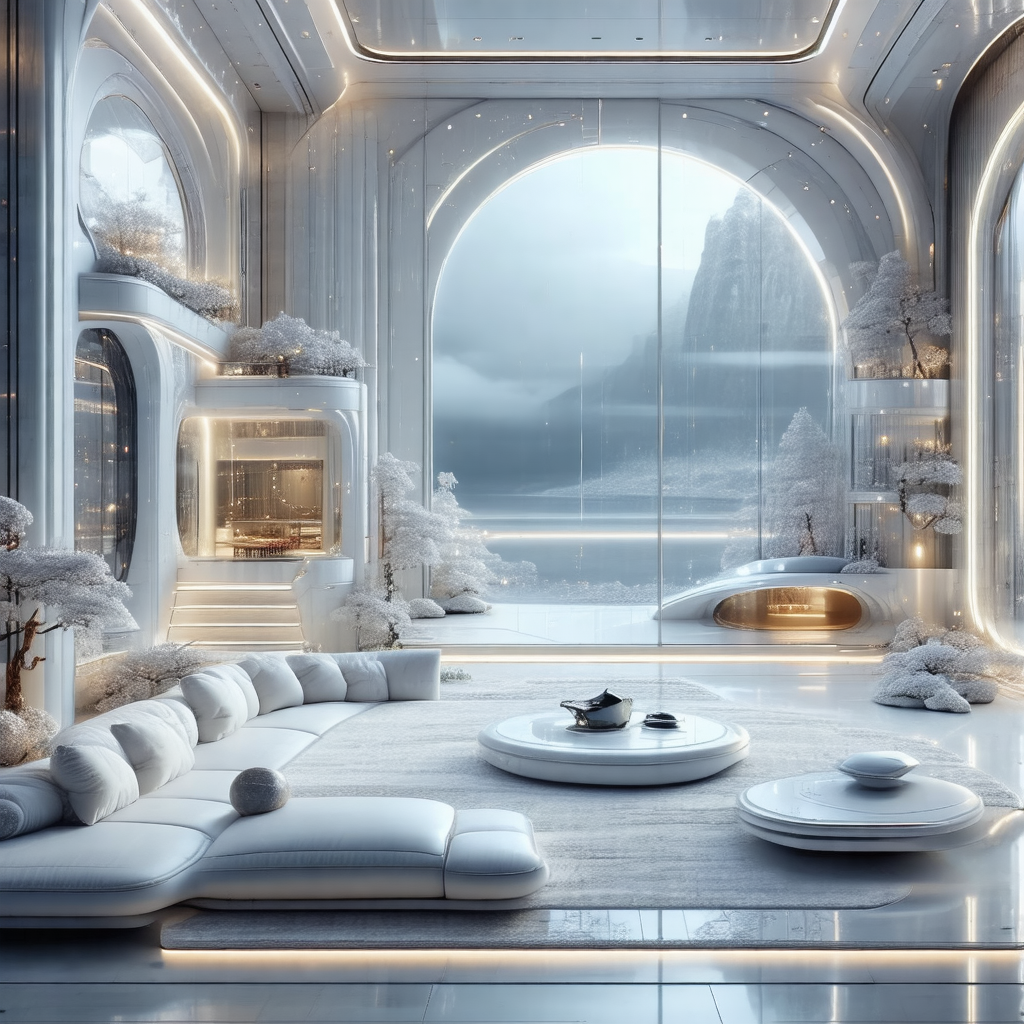 Futuristic, white-themed living room with a large window