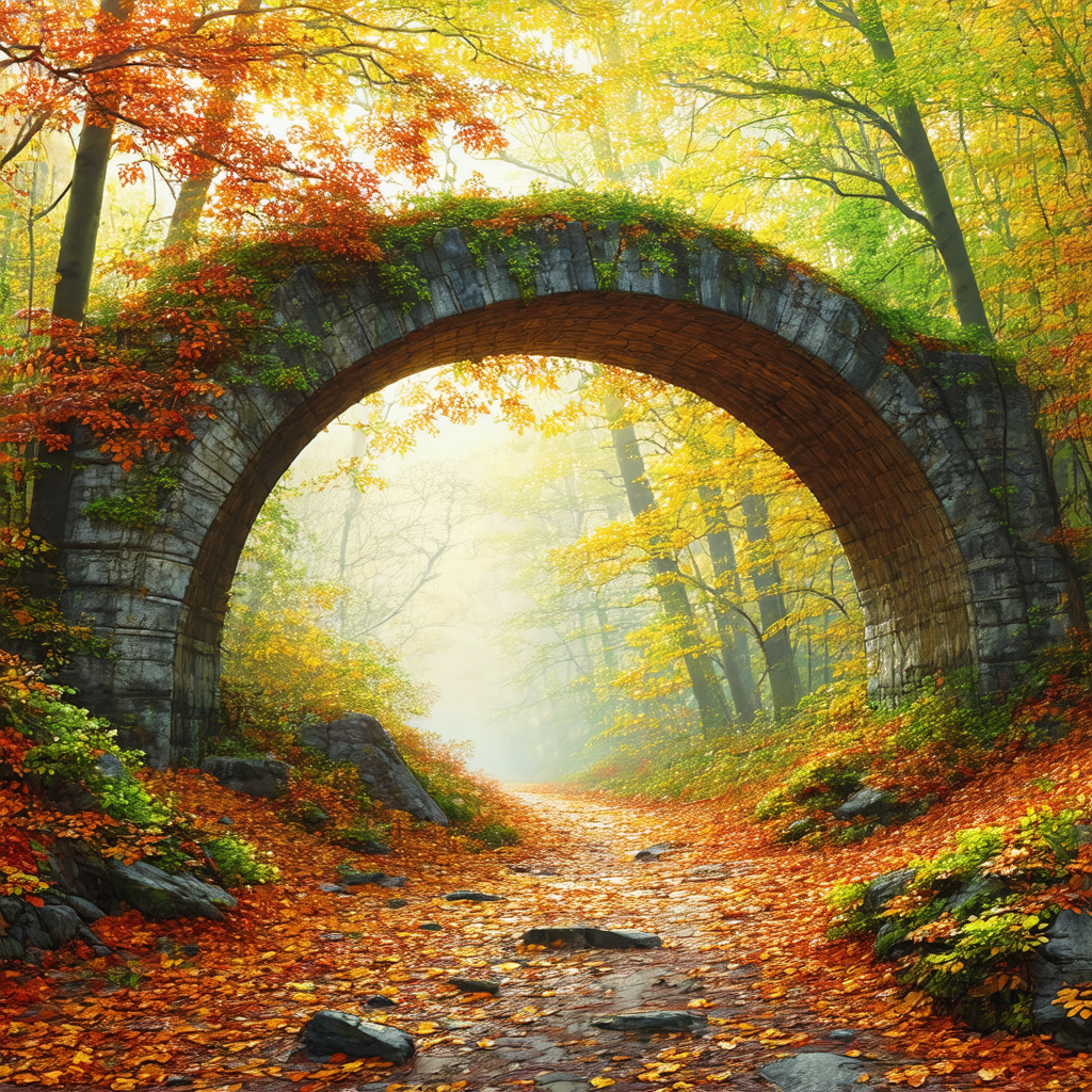Beautiful forest scene with a stone bridge spanning acros...