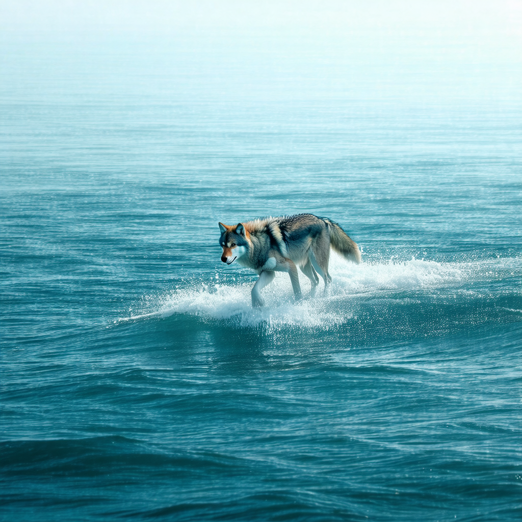 Wolf-like dog riding a surfboard on a body of water