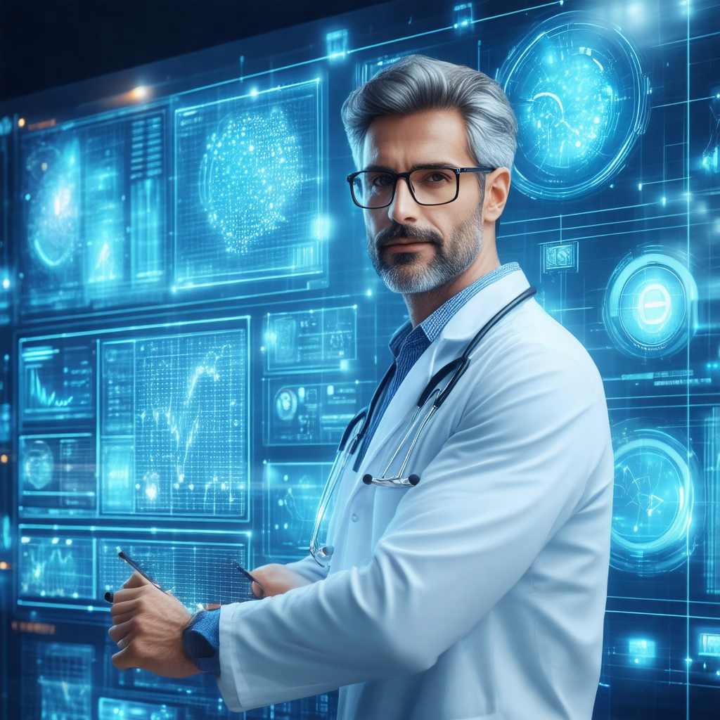 Man wearing a white lab coat, standing in front of a wall...