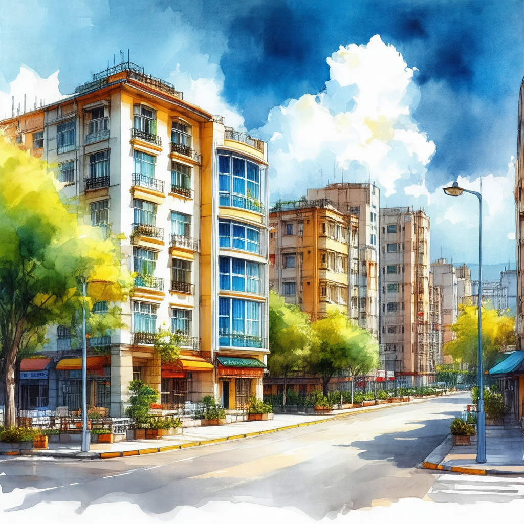 Colorful drawing of a city street with apartment building...