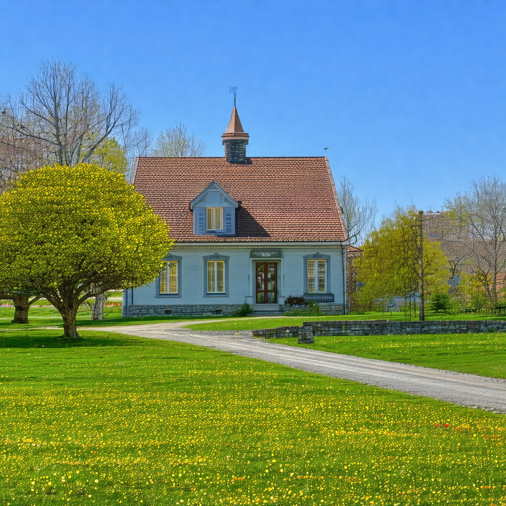 Large, old house with a red roof, surrounded by a lush gr...