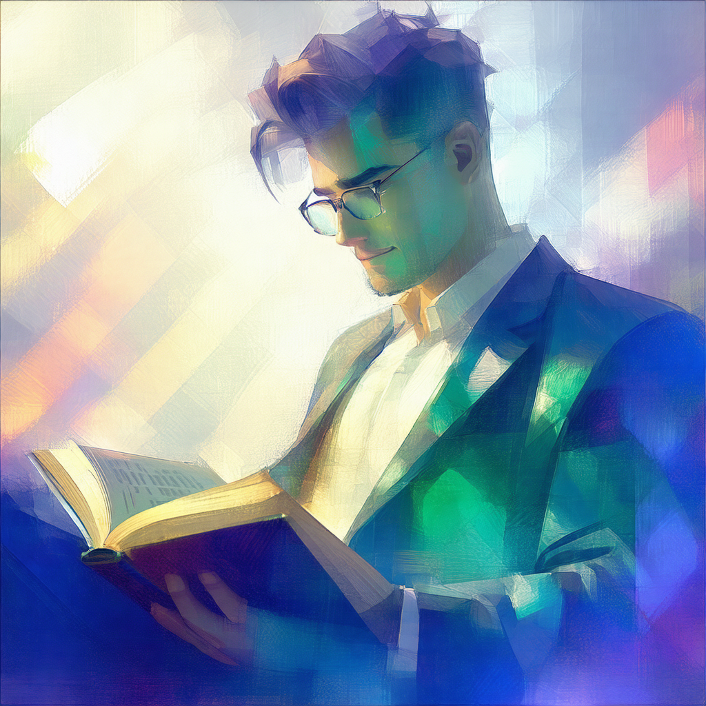 Man wearing glasses, sitting down and reading a book
