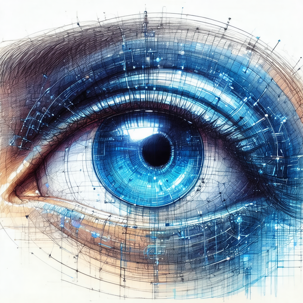 Close-up of a blue eye, with a detailed drawing of the ey...