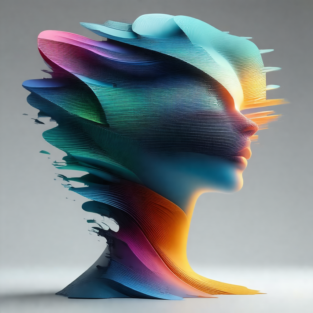 Three-dimensional sculpture of a person's head, with a mi...