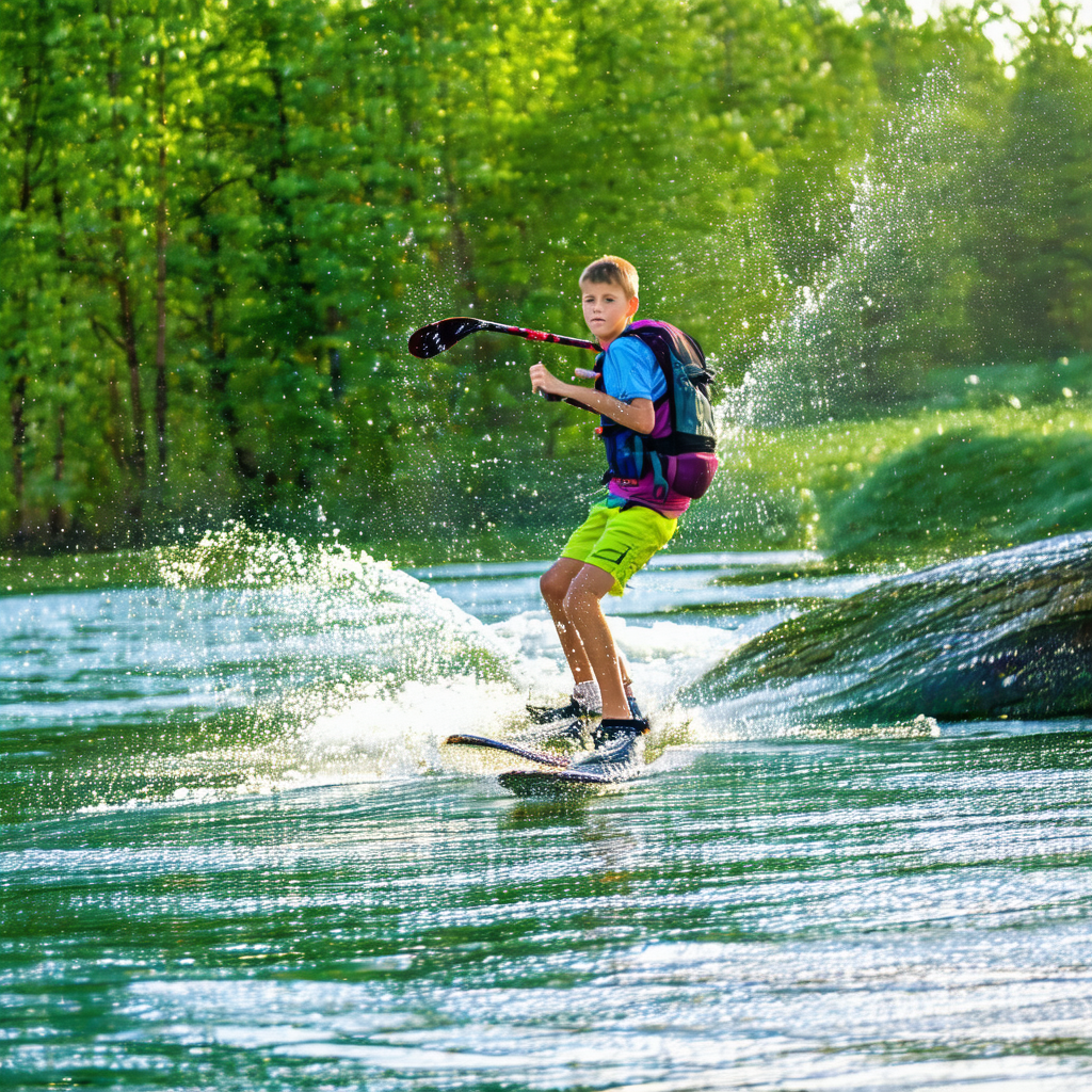 Captures a young man riding a water ski on a lake