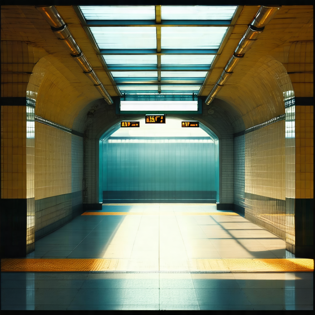 Large, empty subway station with a long, narrow hallway