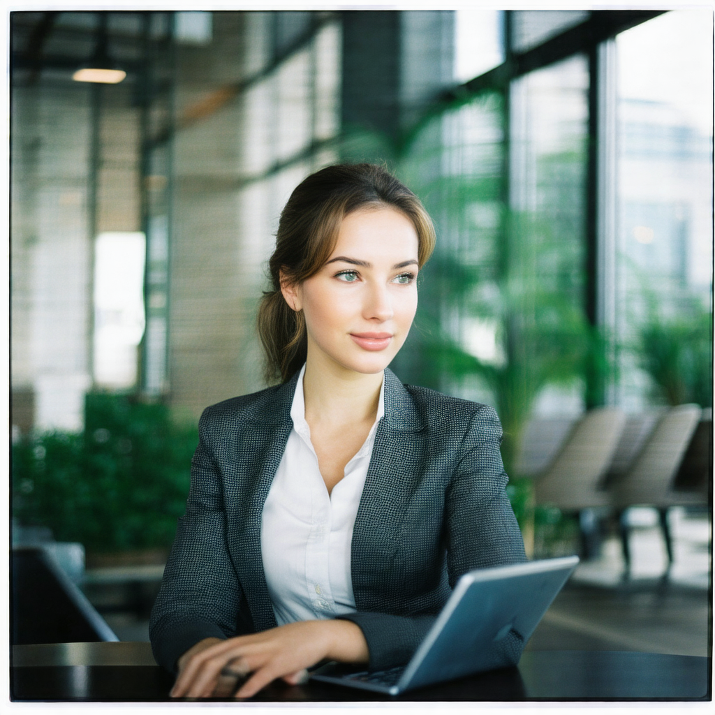 Woman sitting at a desk, working on her laptop