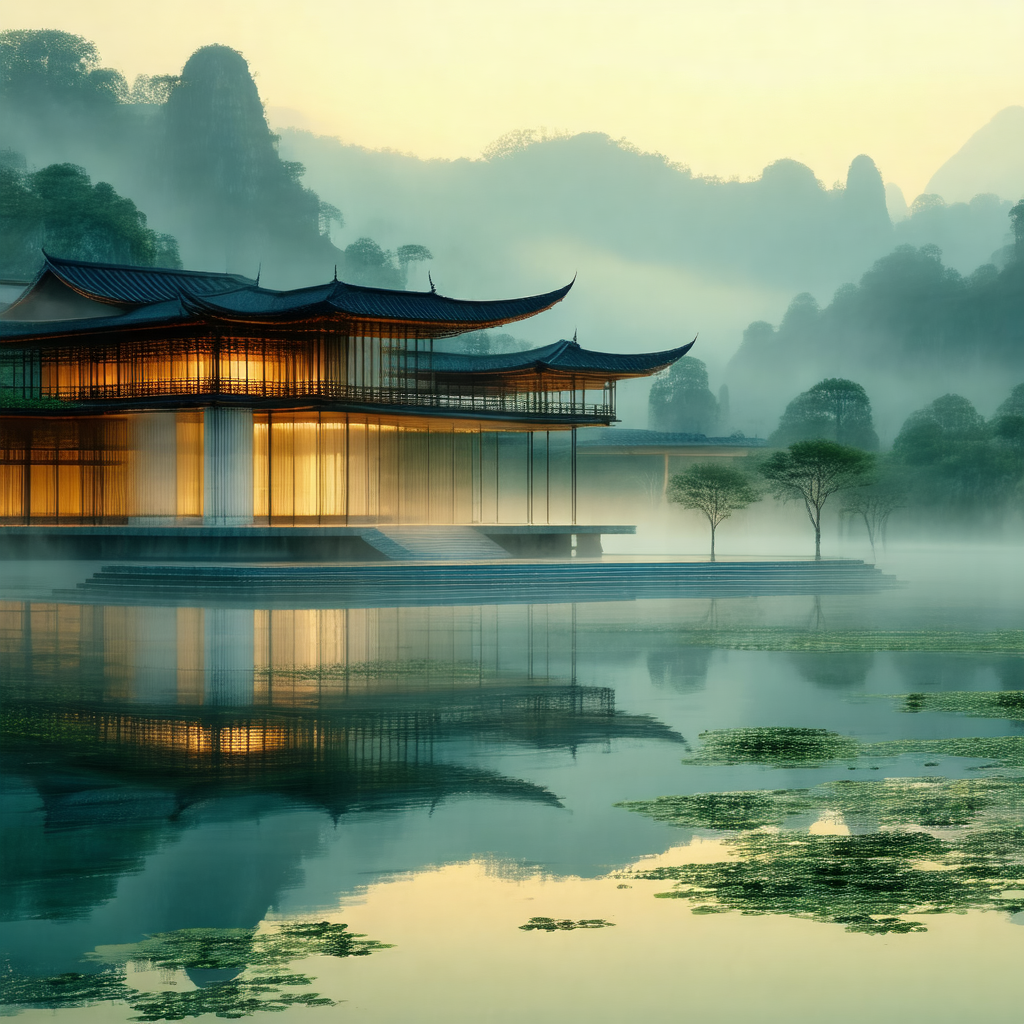 Large, modern building situated on the edge of a lake