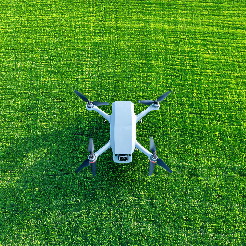 White drone flying over a lush green field