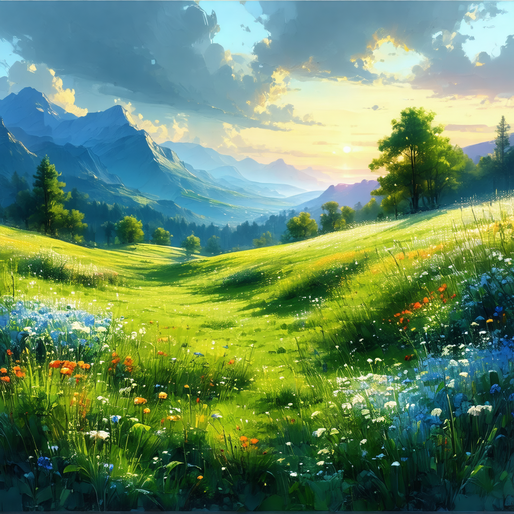 Lush green field with a beautiful sunset in the background
