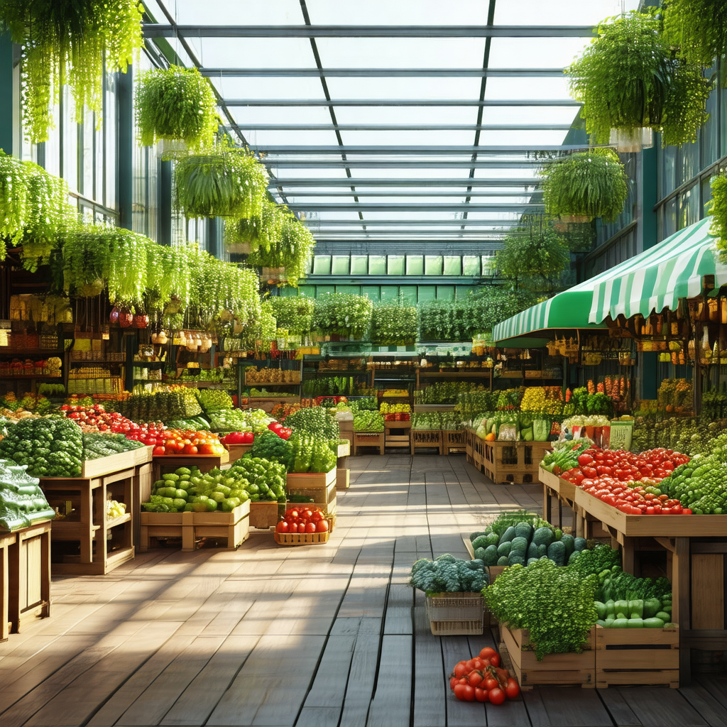 Large, well-lit grocery store filled with a variety of fr...