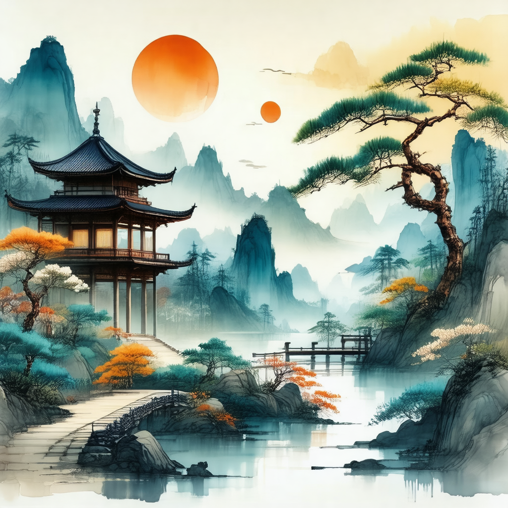 Beautifully drawn painting of a chinese garden with a pag...