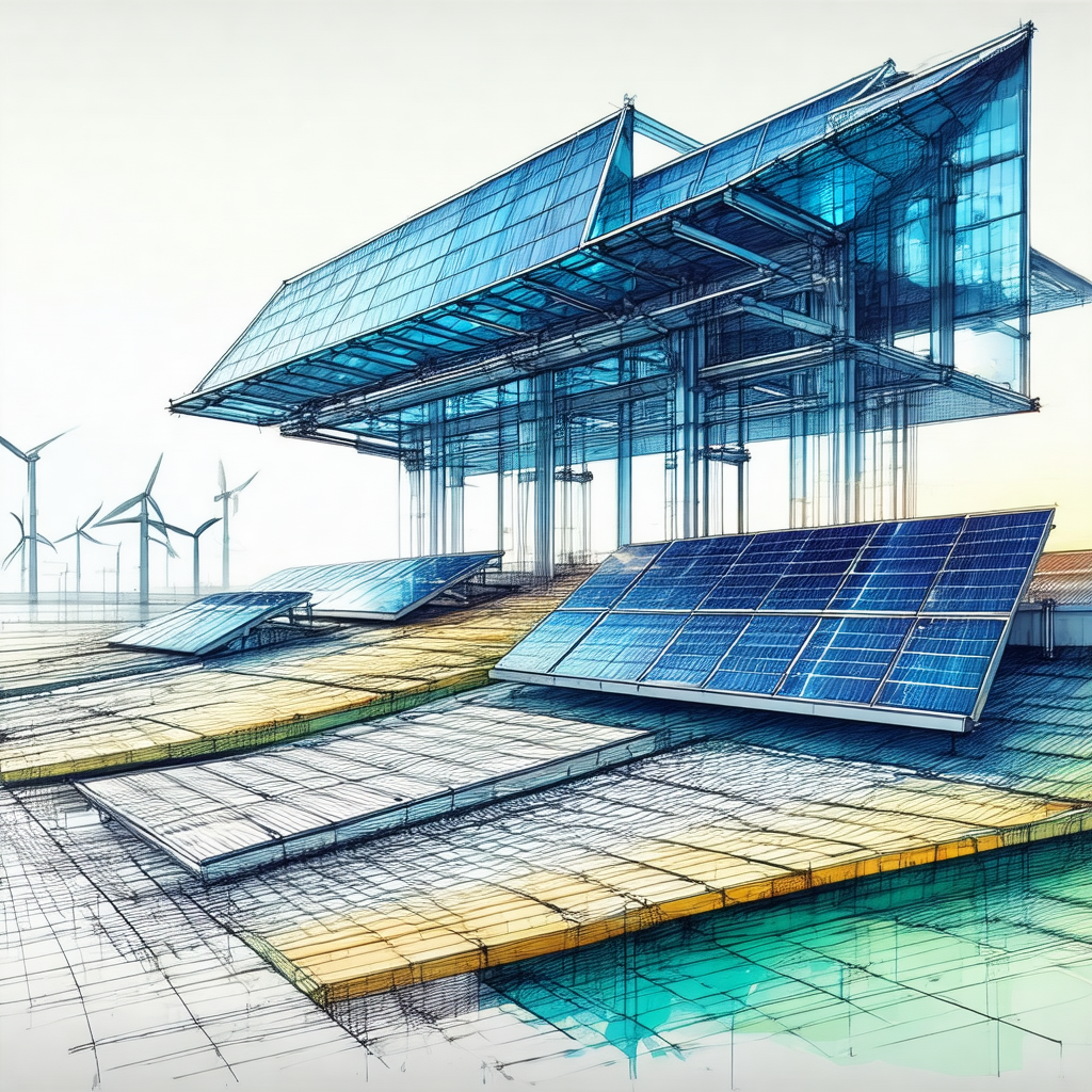 Drawing of a futuristic building with a solar panel roof