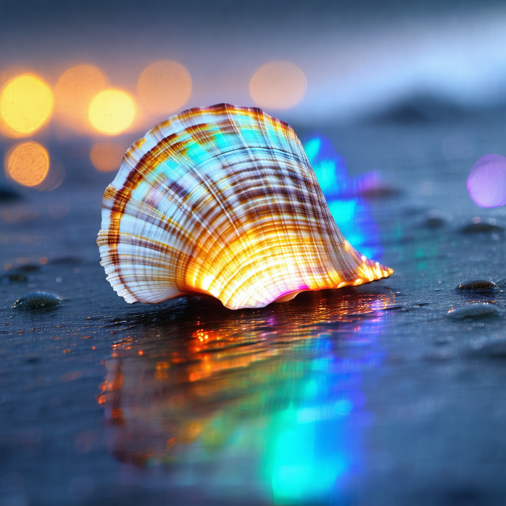 Beautiful shell, possibly a seashell, sitting on a wet su...