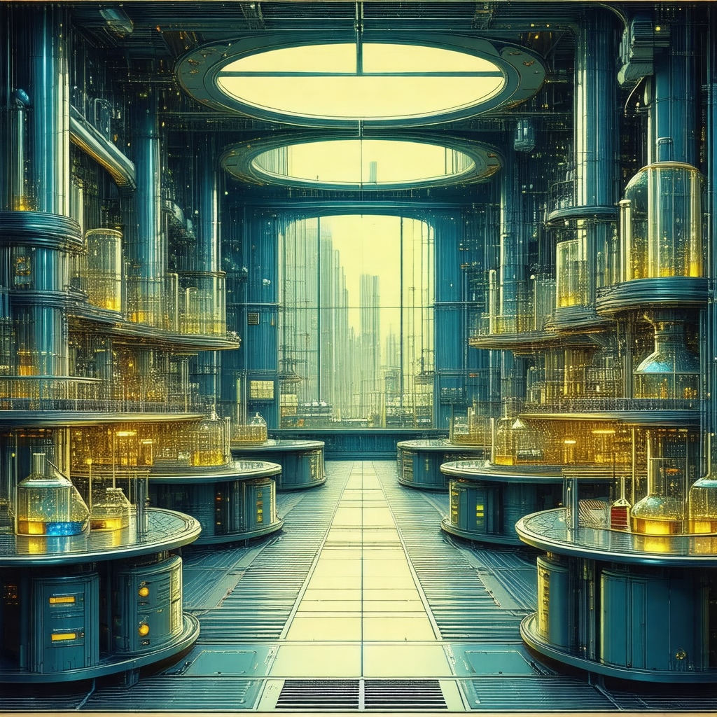 Painting of a futuristic laboratory with a large number o...