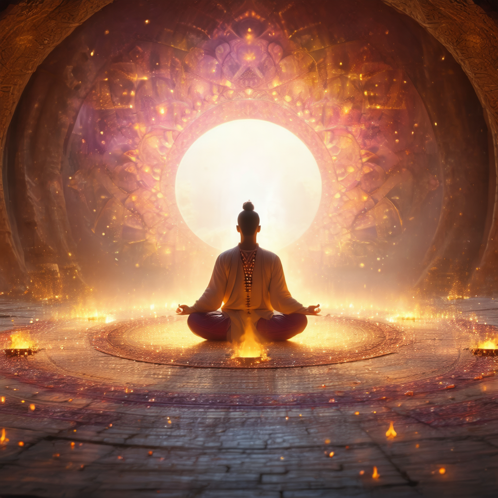 Person sitting in a lotus position, meditating in a room ...