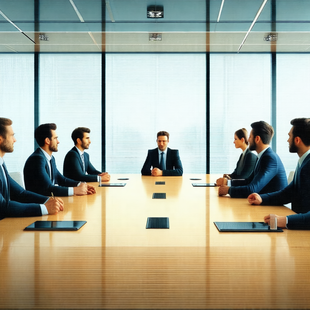Group of people sitting around a large wooden table, enga...
