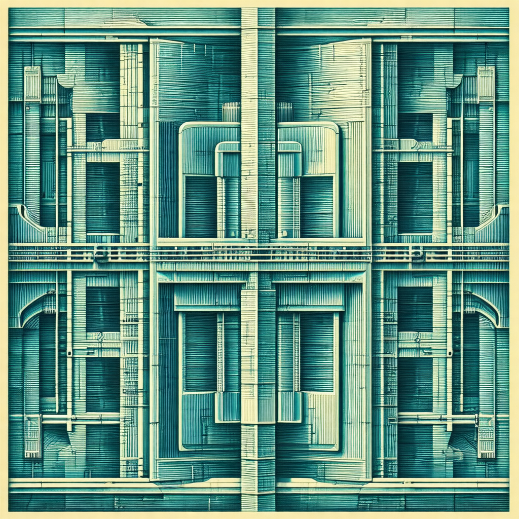 Blue and white drawing of a building with many windows