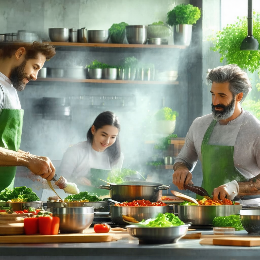 Group of people gathered in a kitchen, preparing food tog...