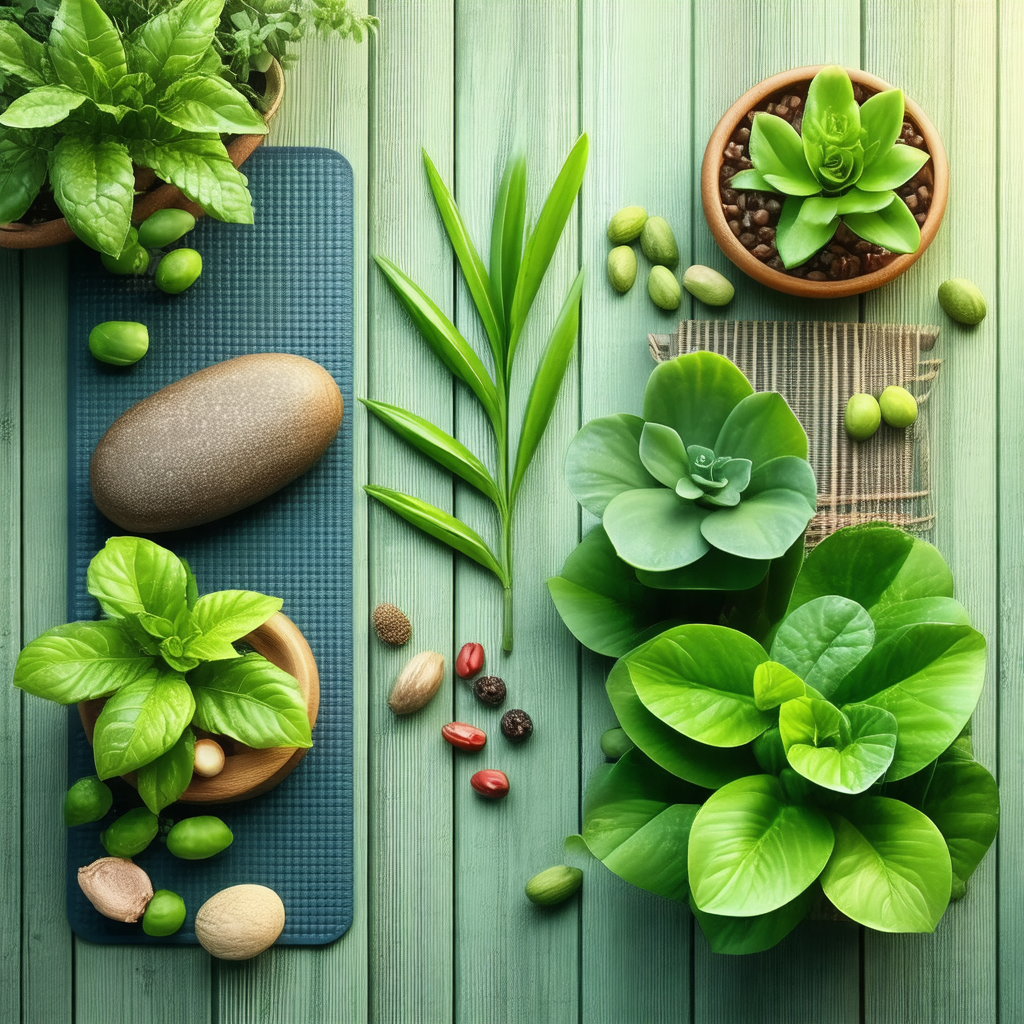 Wooden table with a variety of green plants and fruits ar...