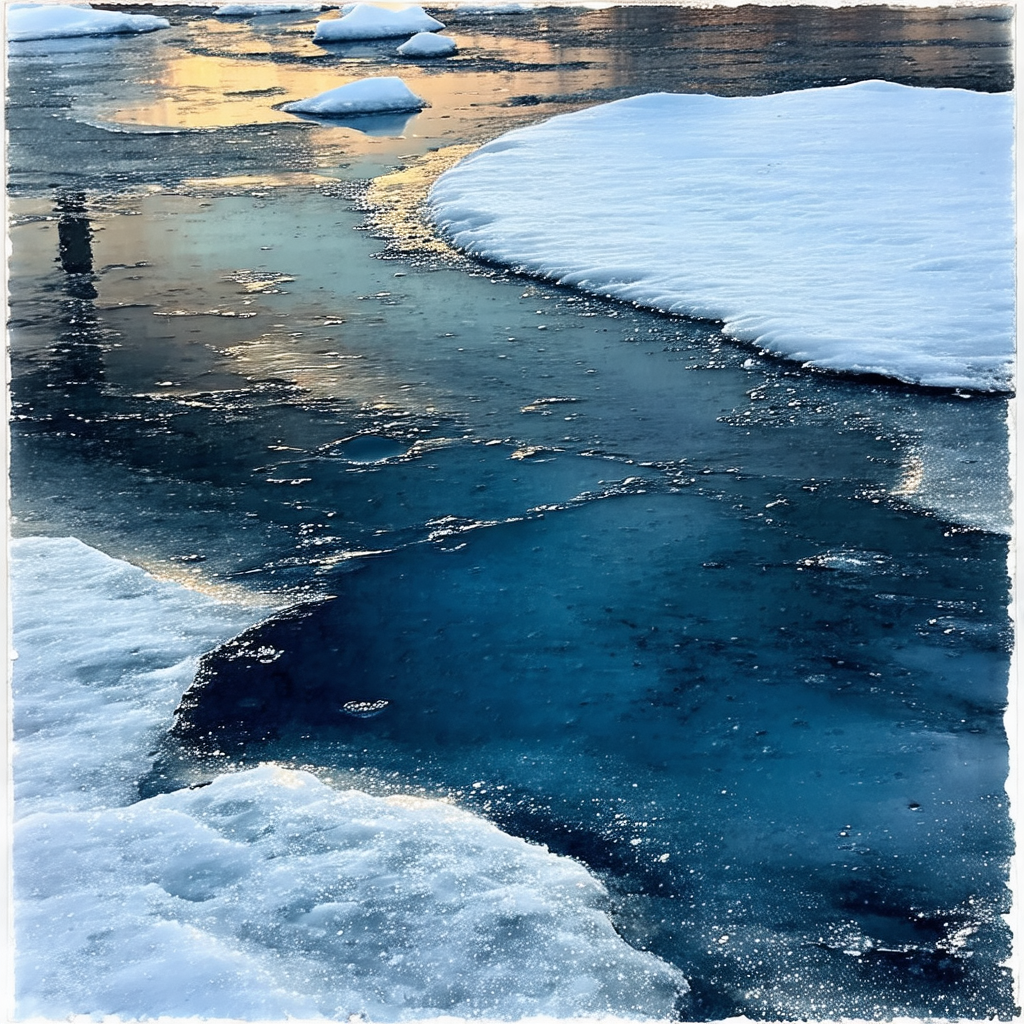 Frozen lake with a large iceberg floating on the water