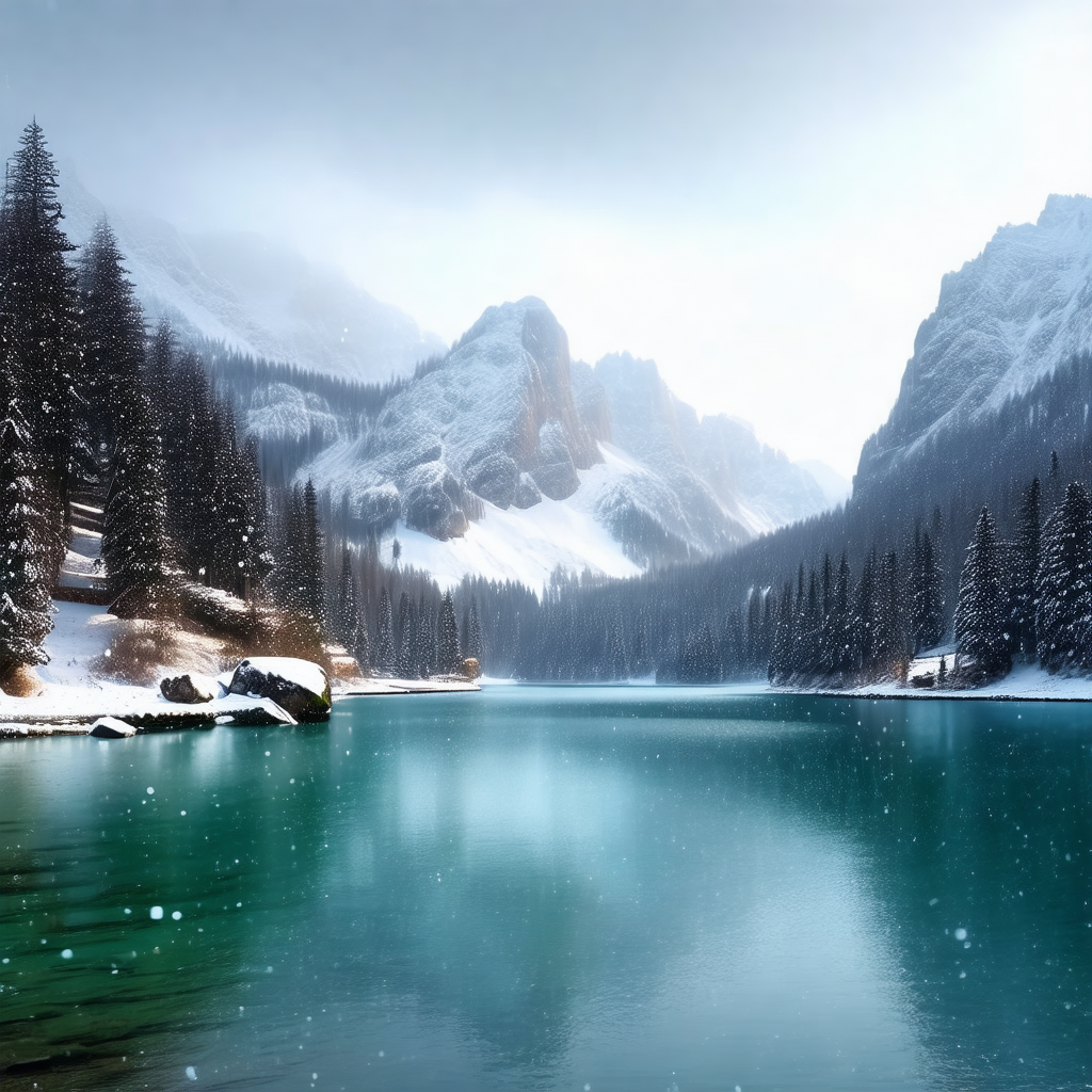 Serene mountain lake surrounded by snow-covered trees