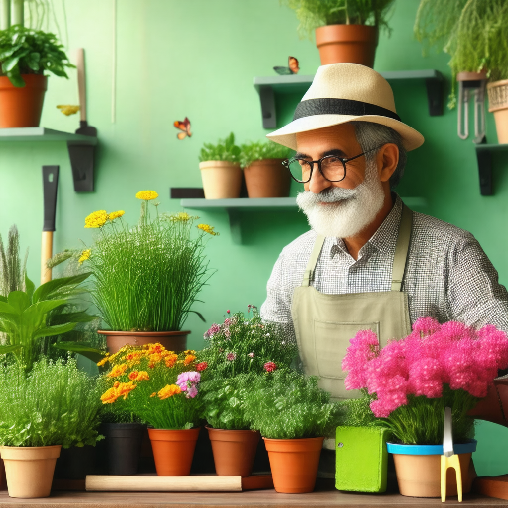 Man standing in a room, surrounded by a variety of potted...