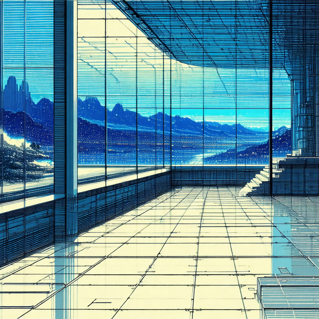 Blue and white drawing of a large building with a large w...