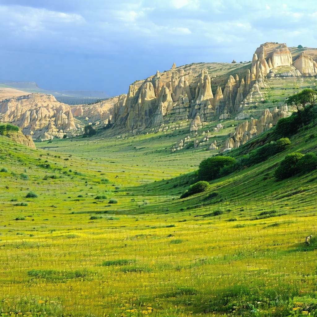 Lush green field with a mountain range in the background