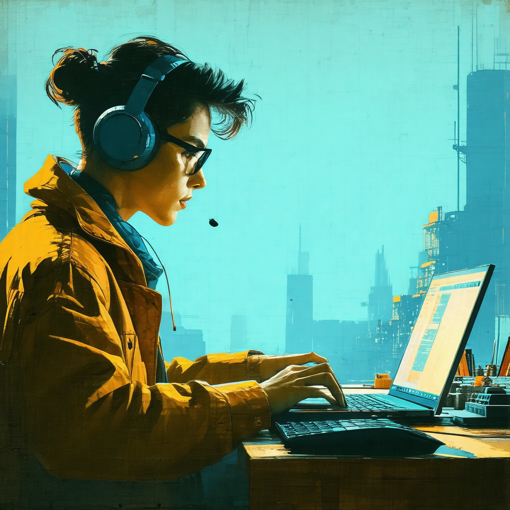 Woman sitting at a desk, wearing headphones and working o...