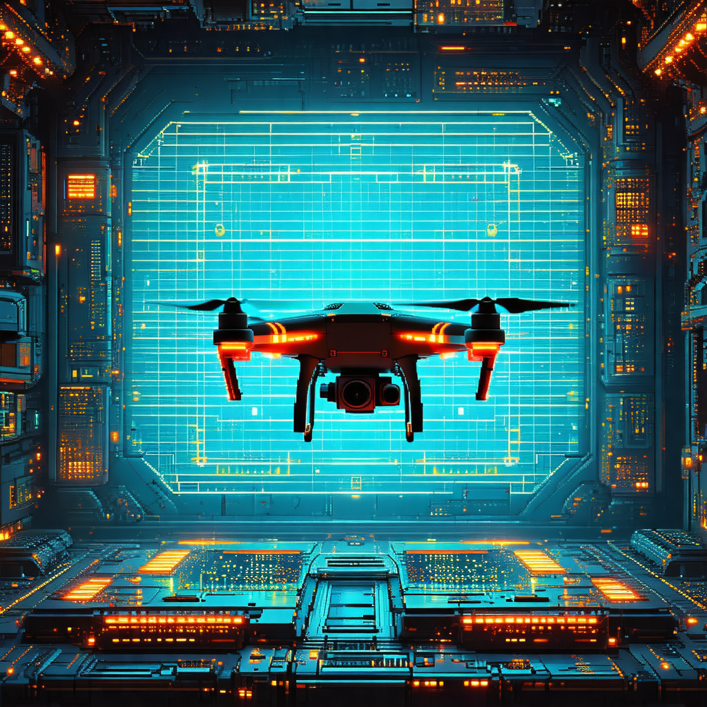 Drone flying through a futuristic, blue-lit environment