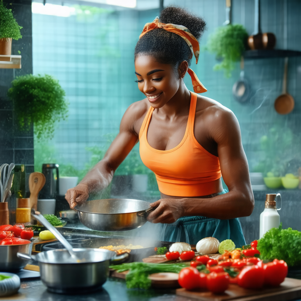 Woman standing in a kitchen, preparing a meal
