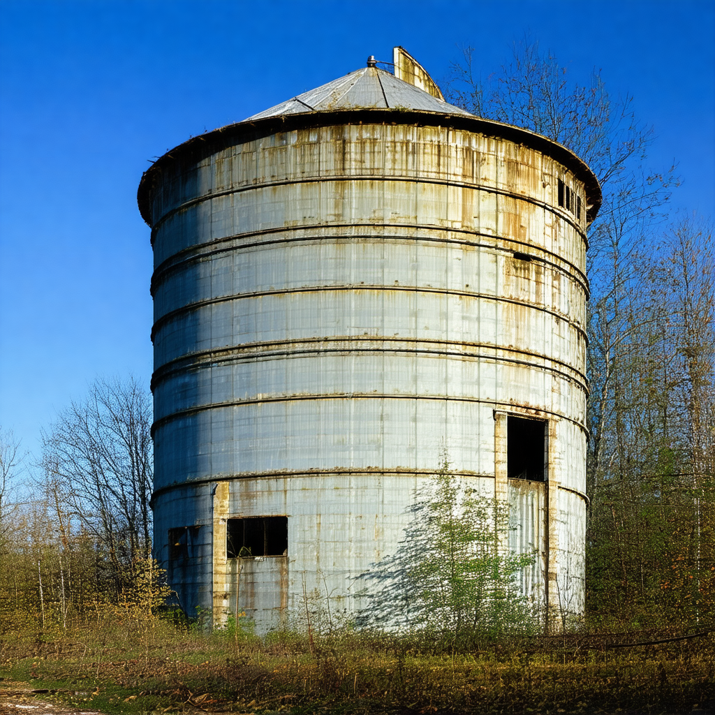 Large, rusty metal cylinder, possibly a water tower or a ...