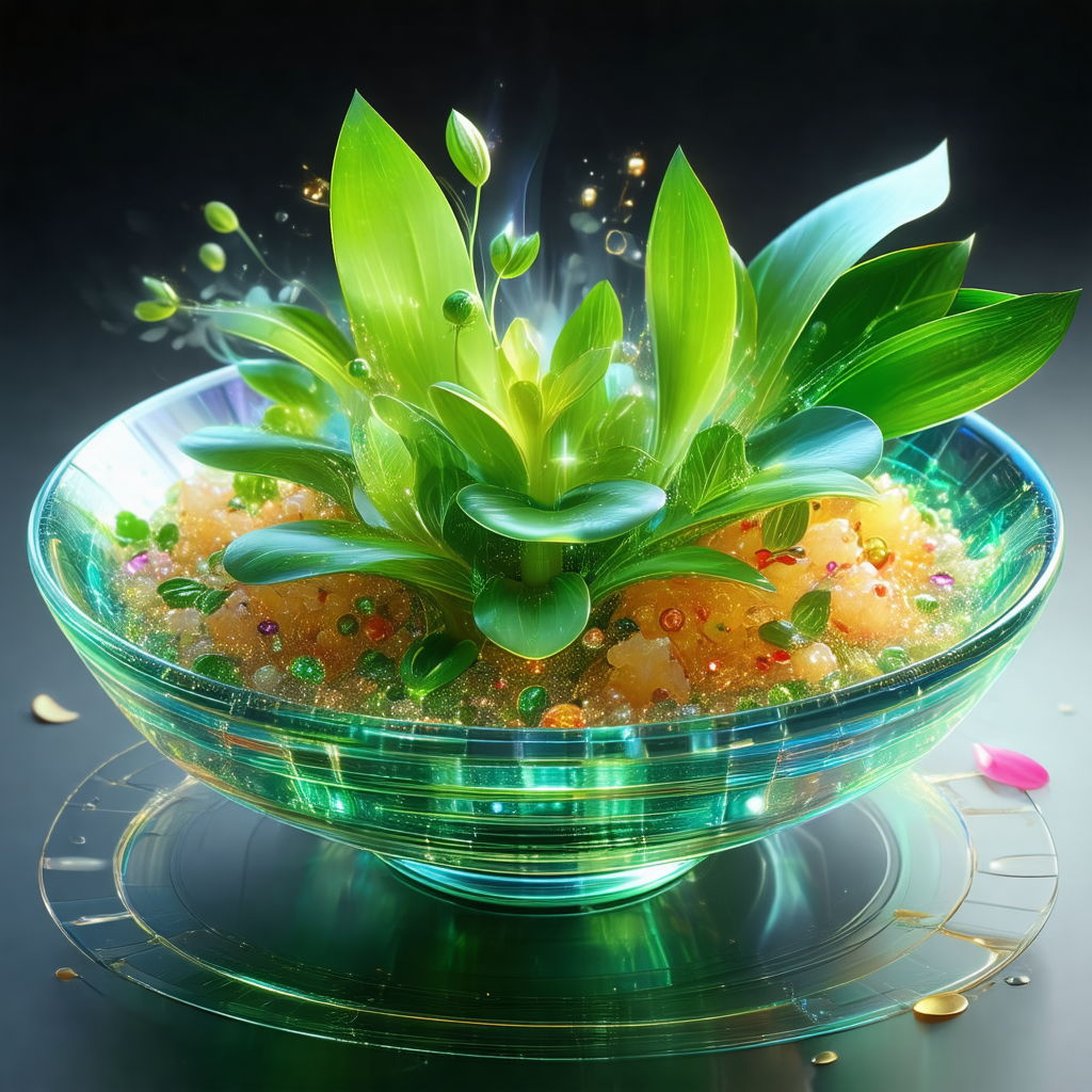 Large green plant with a bowl of fruit placed in the cent...