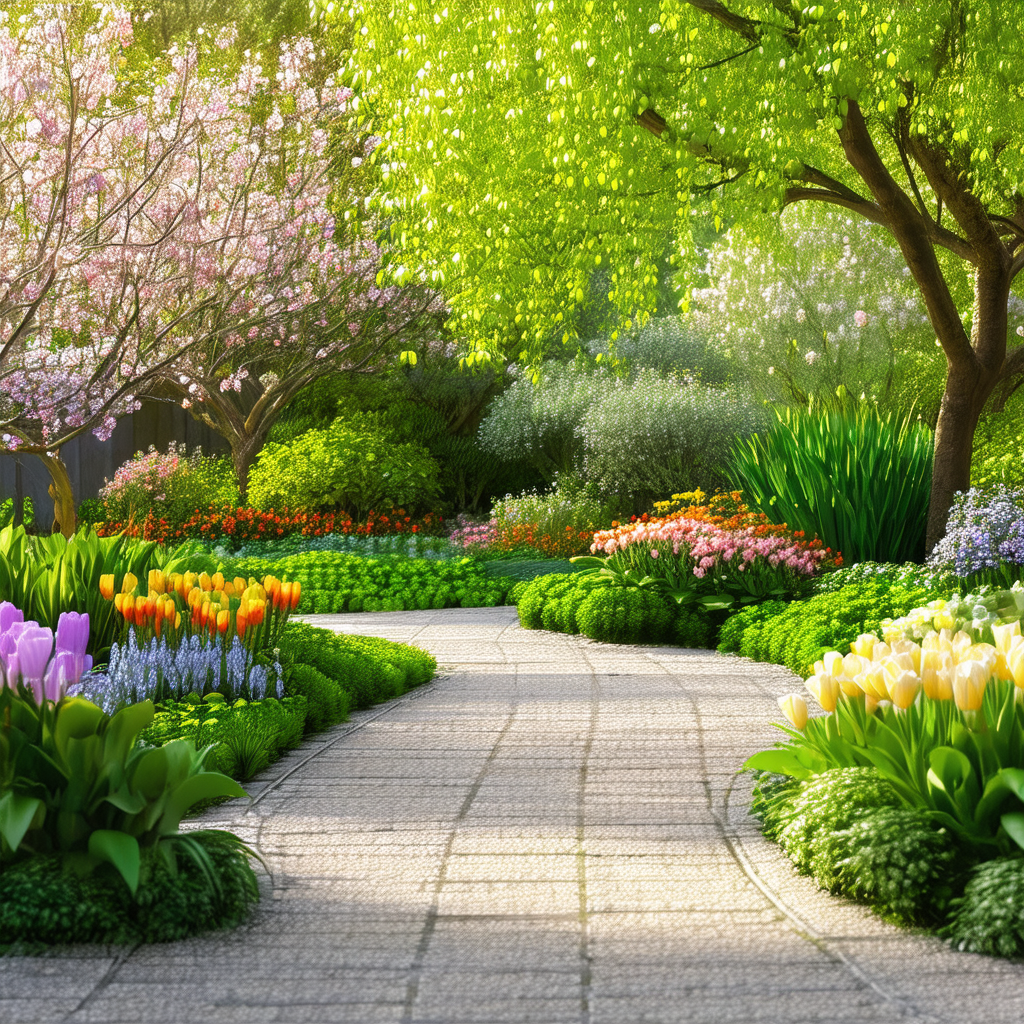 Beautiful garden with a pathway leading through it