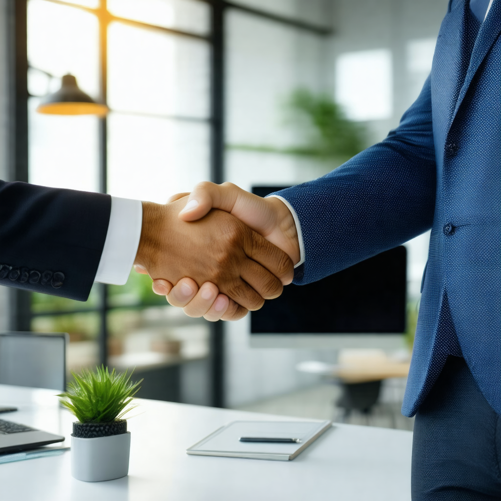 Two men shaking hands in a professional setting
