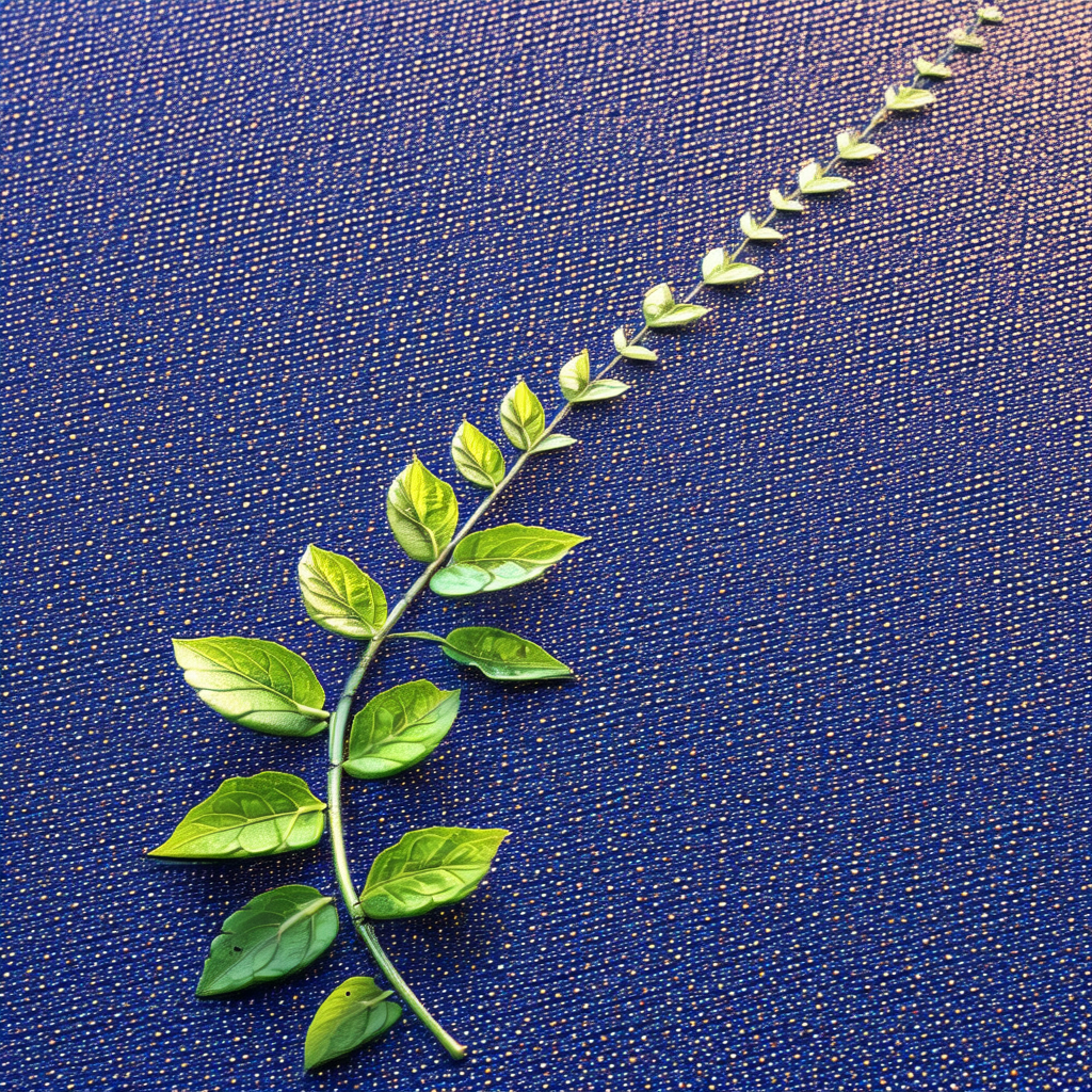 Close-up of a leaf on a blue surface, possibly a carpet o...