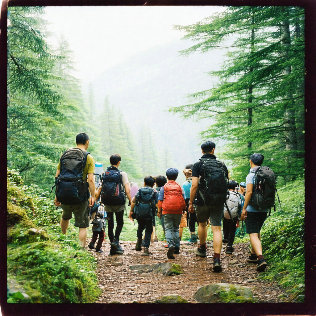 Group of people walking together on a dirt trail through ...